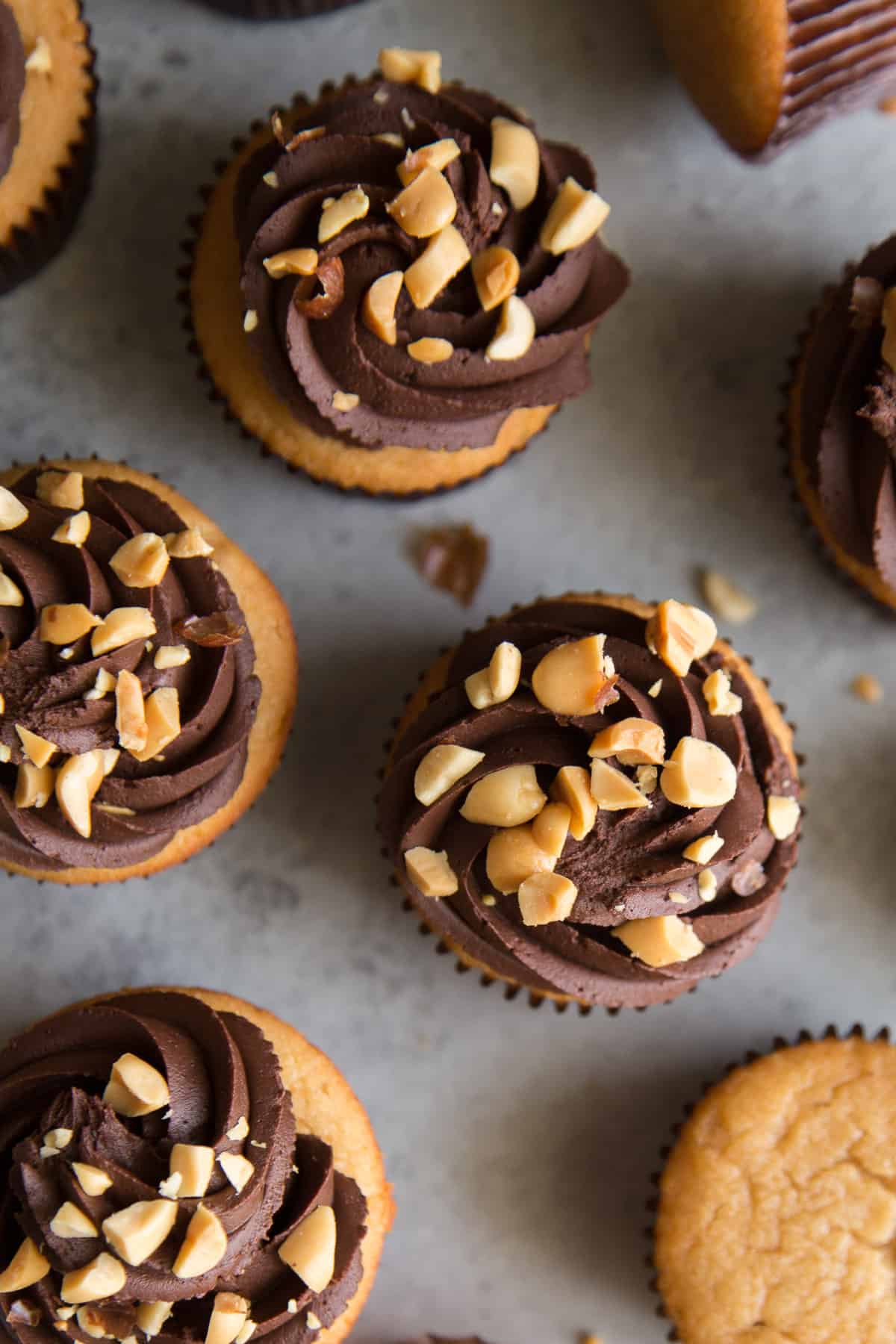 overhead of peanut butter cupcakes with whipped chocolate ganache and chopped peanuts.