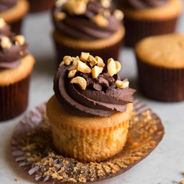 peanut butter cupcakes frosted with whipped chocolate ganache and topped with chopped peanuts.
