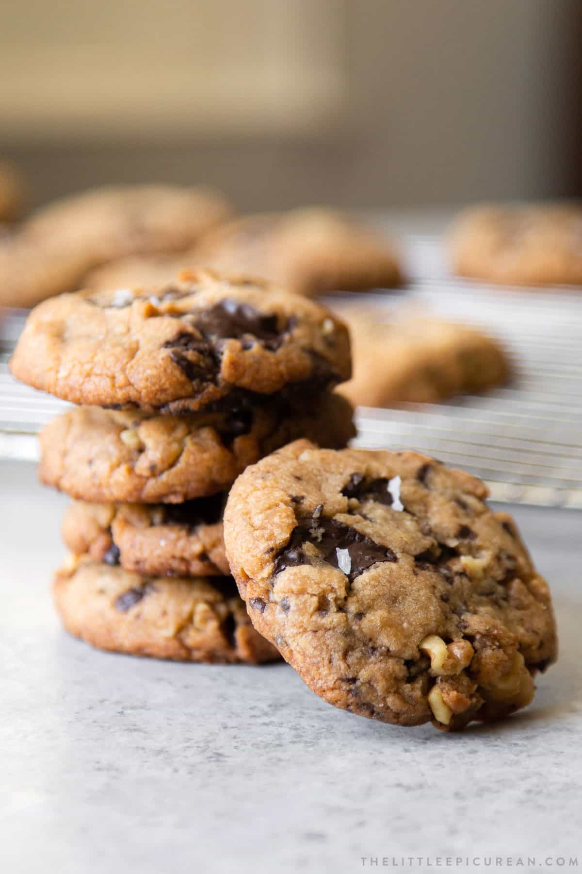 four vegan cookies stacked plus vegan chocolate chip cookie with maldon salt slanted.