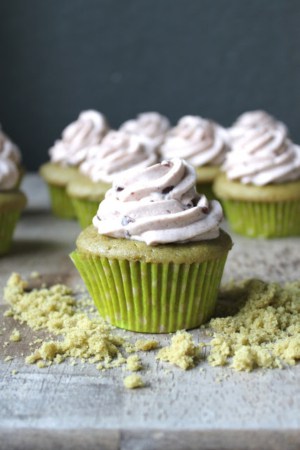 close up of matcha cupcakes with pipped red bean buttercream