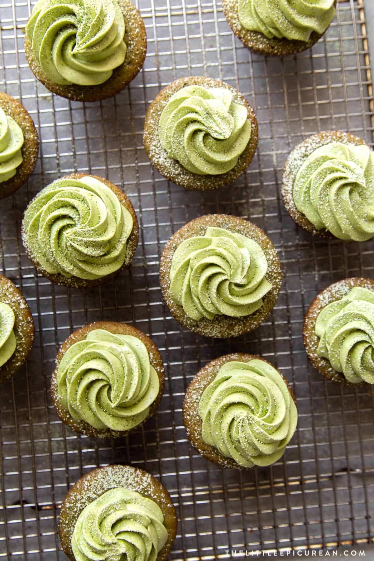 matcha cupcakes frosted with matcha buttercream.