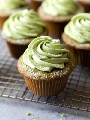 matcha cupcakes filled with sweet red bean and frosted with matcha buttercream.