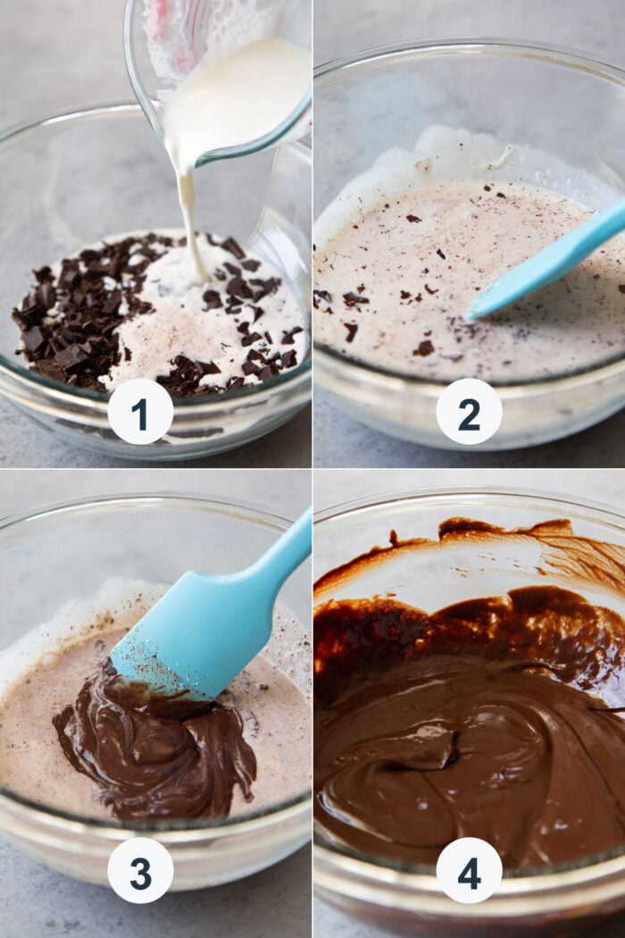 four steps showing how to make chocolate ganache.