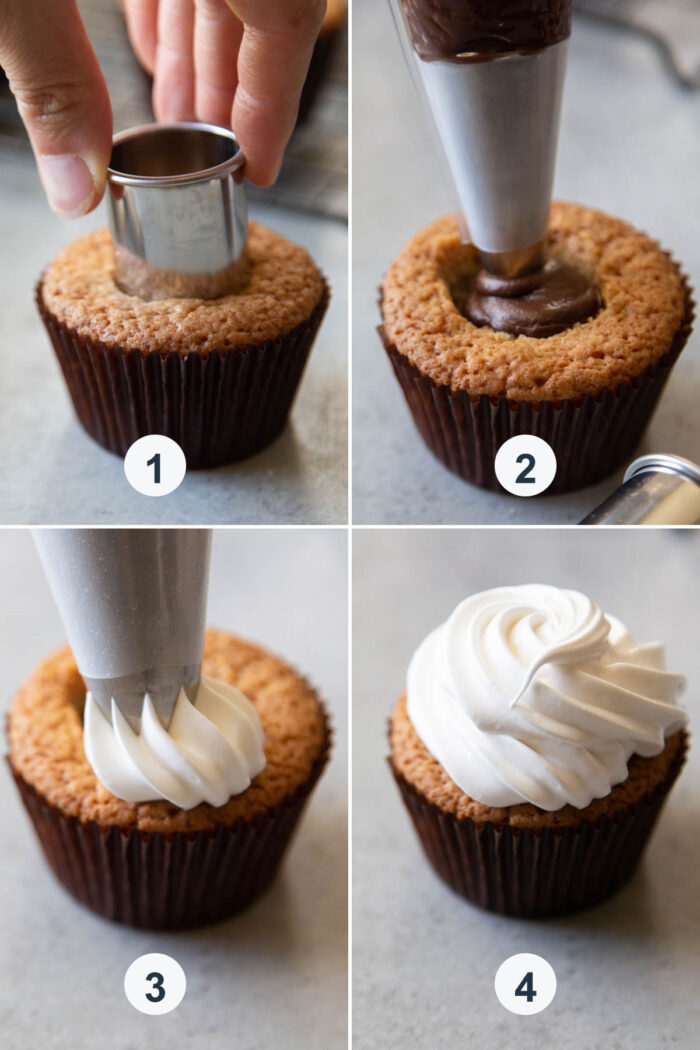 four steps how to fill and assemble s'mores cupcakes with meringue frosting.