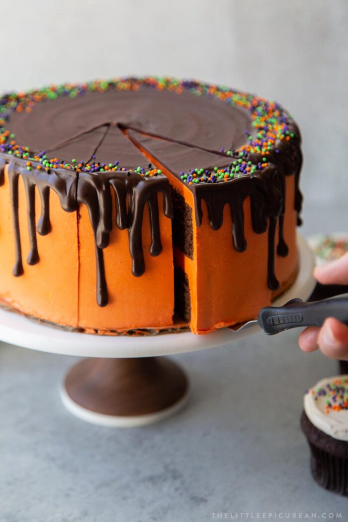 chocolate pumpkin cake slice being pulled out.