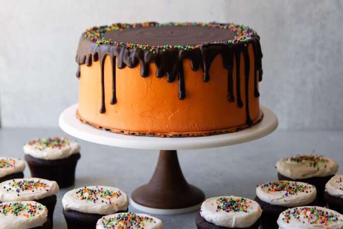 chocolate pumpkin cake with chocolate drizzle surrounded by cupcakes.