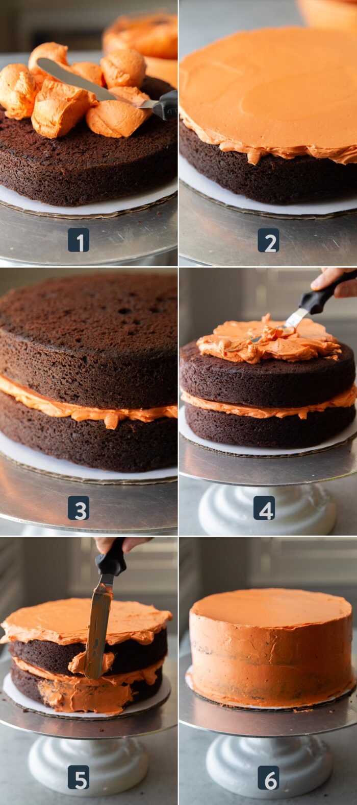 six step tutorial how to frost two tired chocolate pumpkin cake.