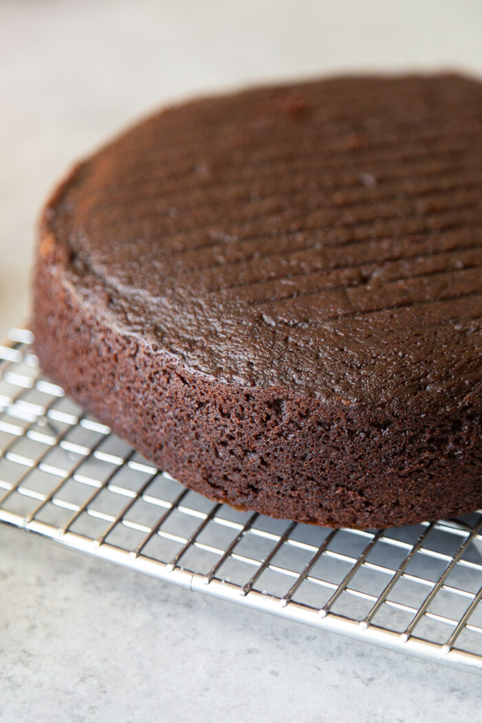 chocolate pumpkin cake cooling on wire rack.