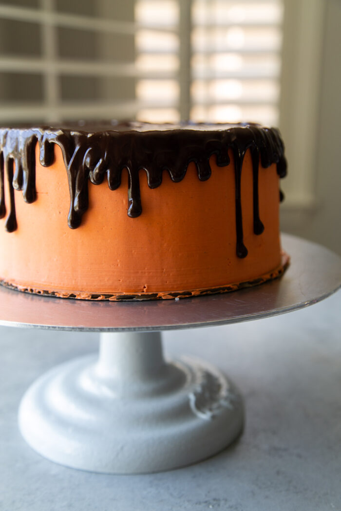 chocolate pumpkin cake with chocolate drizzle.