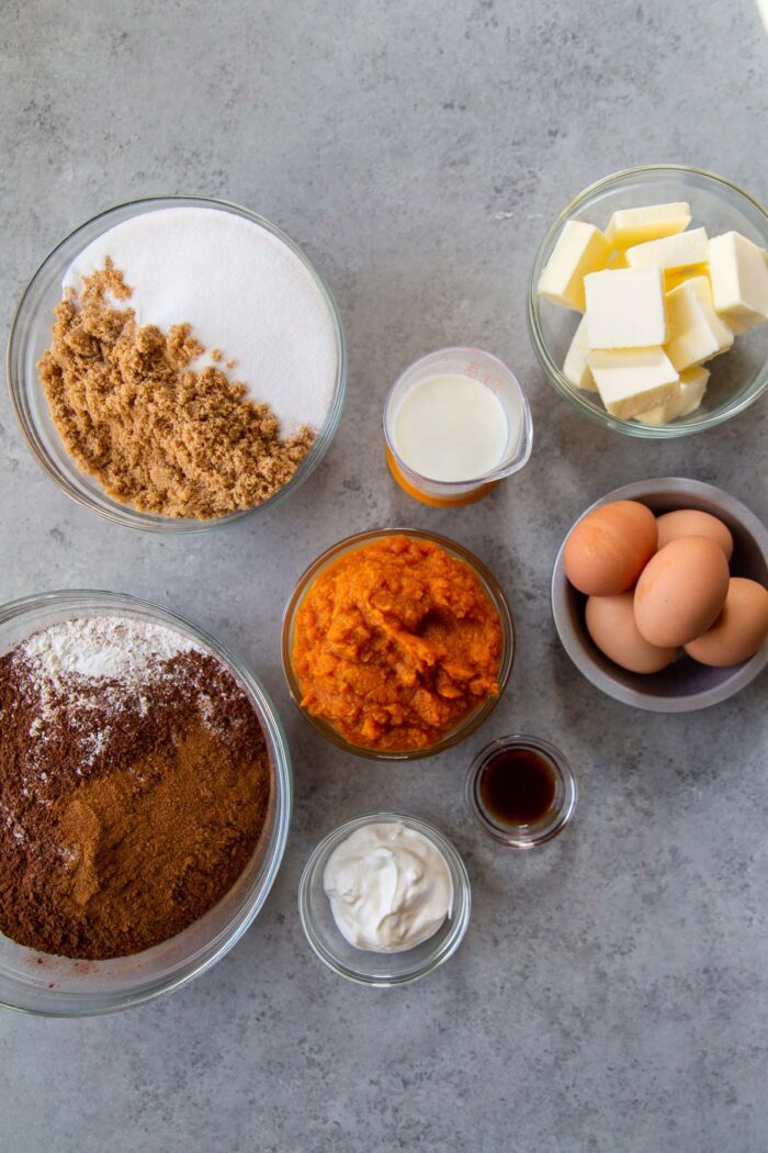 ingredients for chocolate pumpkin cake and cupcakes.