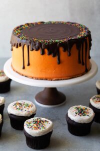 chocolate pumpkin layer cake with chocolate drizzle surrounded by chocolate pumpkin cupcakes