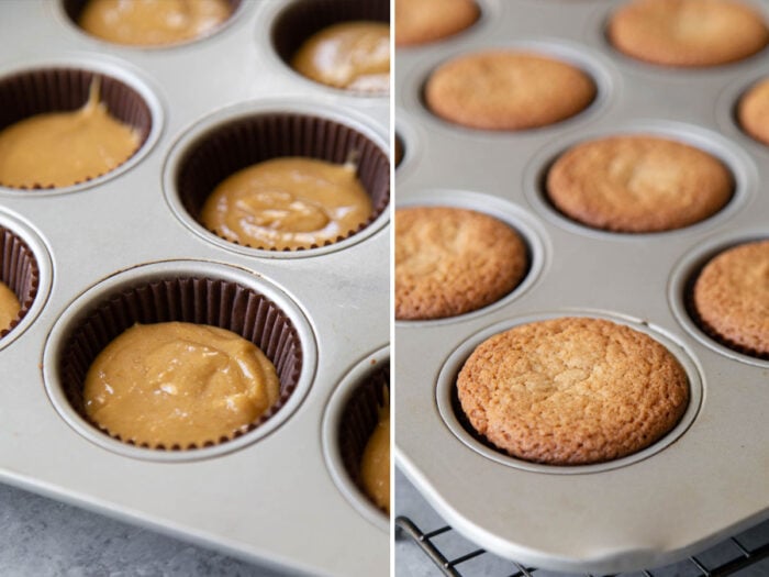 two images showing raw batter and baked cupcakes.