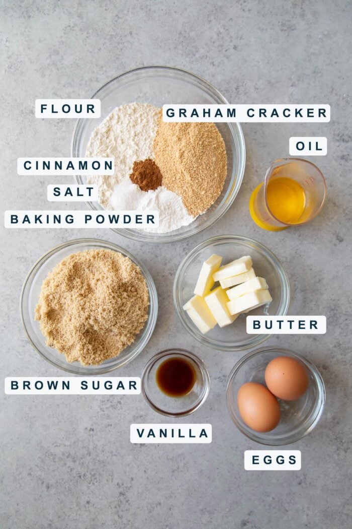 ingredients for smores cupcakes include flour, graham cracker crumbs, brown sugar, and butter.