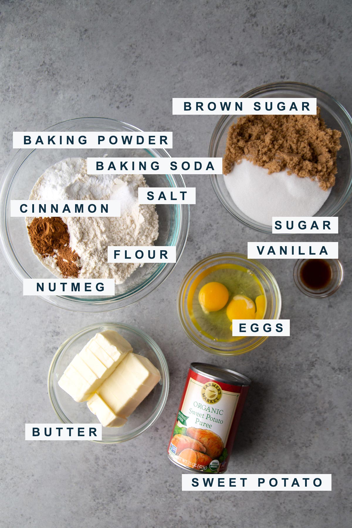 overhead of ingredients needed to make sweet potato cupcakes include butter, flour, cinnamon, and sugar.