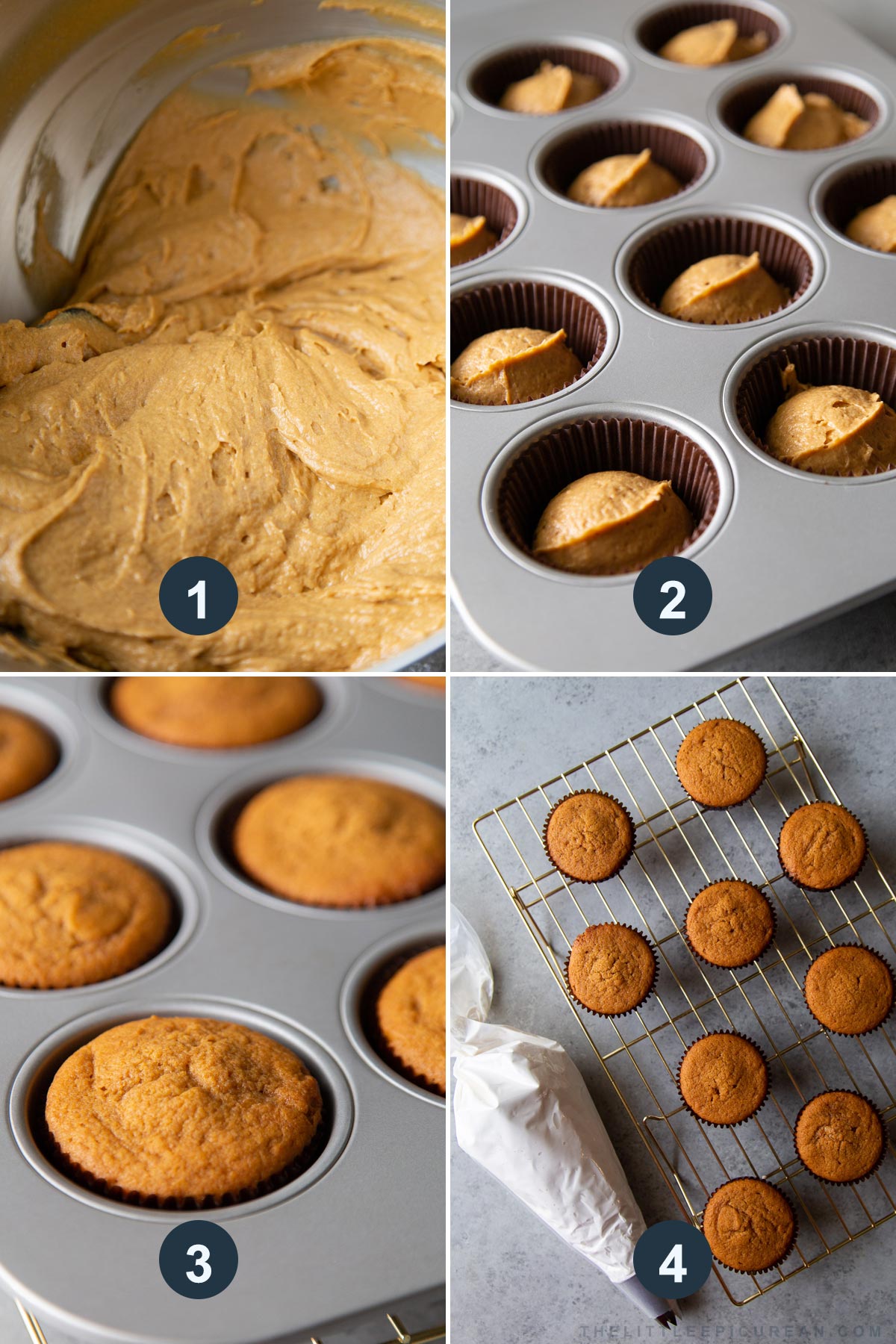 four steps showing sweet potato cupcakes from batter to cooked muffins.