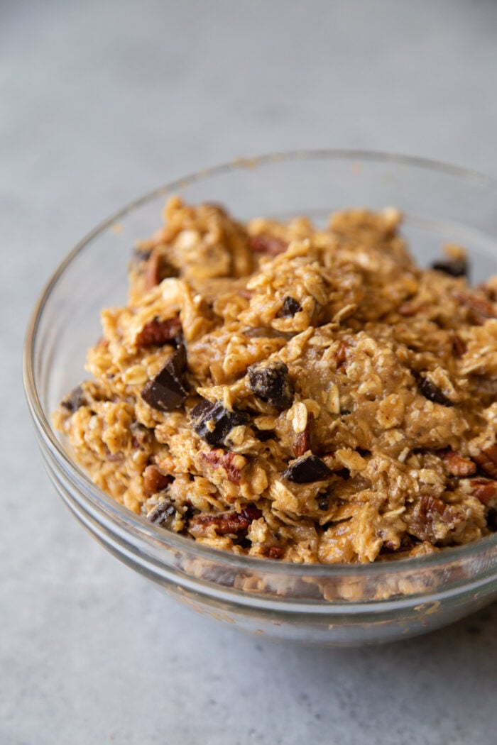 bowl of flourless peanut butter oatmeal chocolate chip cookie dough.