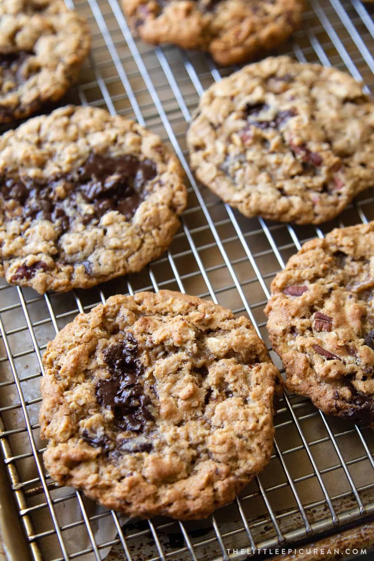 flourless oatmeal chocolate chip cookies cooling on wire rack.