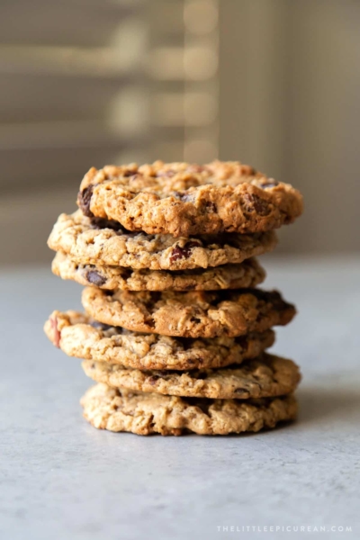 stack of chewy gluten free flourless oatmeal chocolate chip cookies.