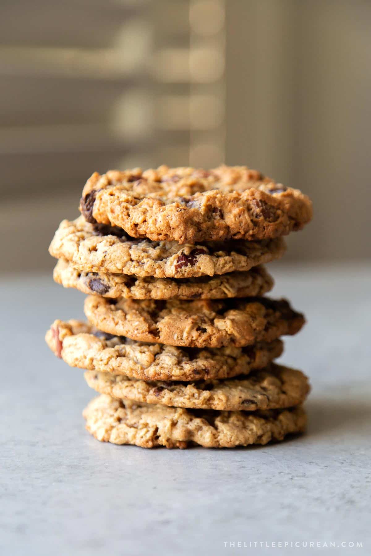 stack of chewy gluten free flourless oatmeal chocolate chip cookies.