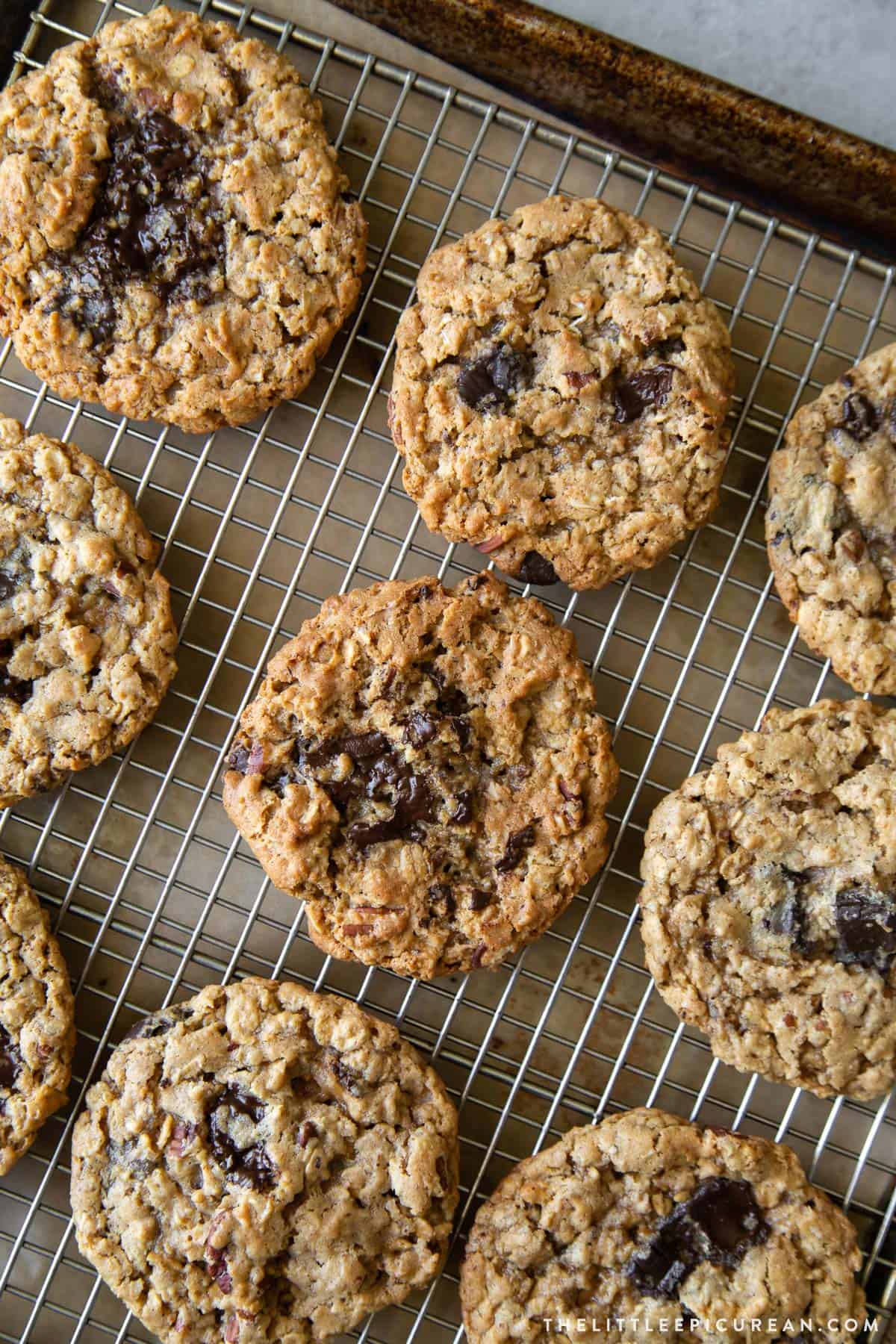 flourless oatmeal chocolate chip cookies cooling on wire rack.