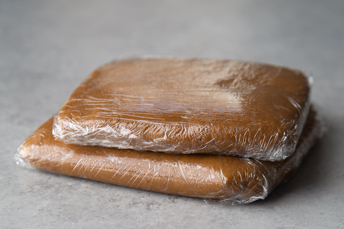 cover gingerbread cookie dough in plastic wrap and keep chilled until ready to use.