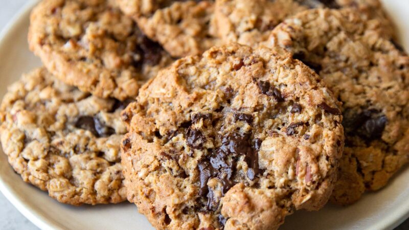 gluten free flourless oatmeal chocolate chip cookies arranged on serving plate.