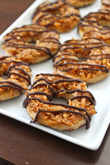 Homemade Samoa Cookies. Shortbread cookies topped with caramel, coconut, and chocolate