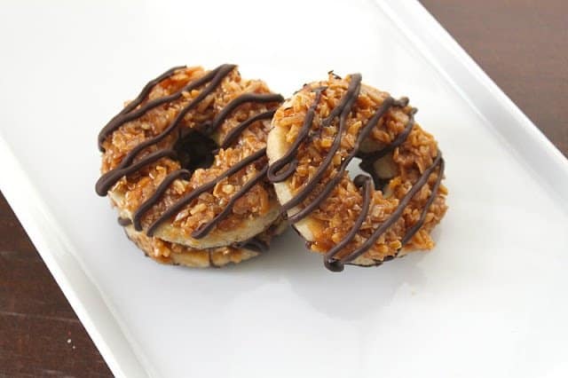 Homemade Samoa Cookies. Shortbread cookies topped with caramel, coconut, and chocolate