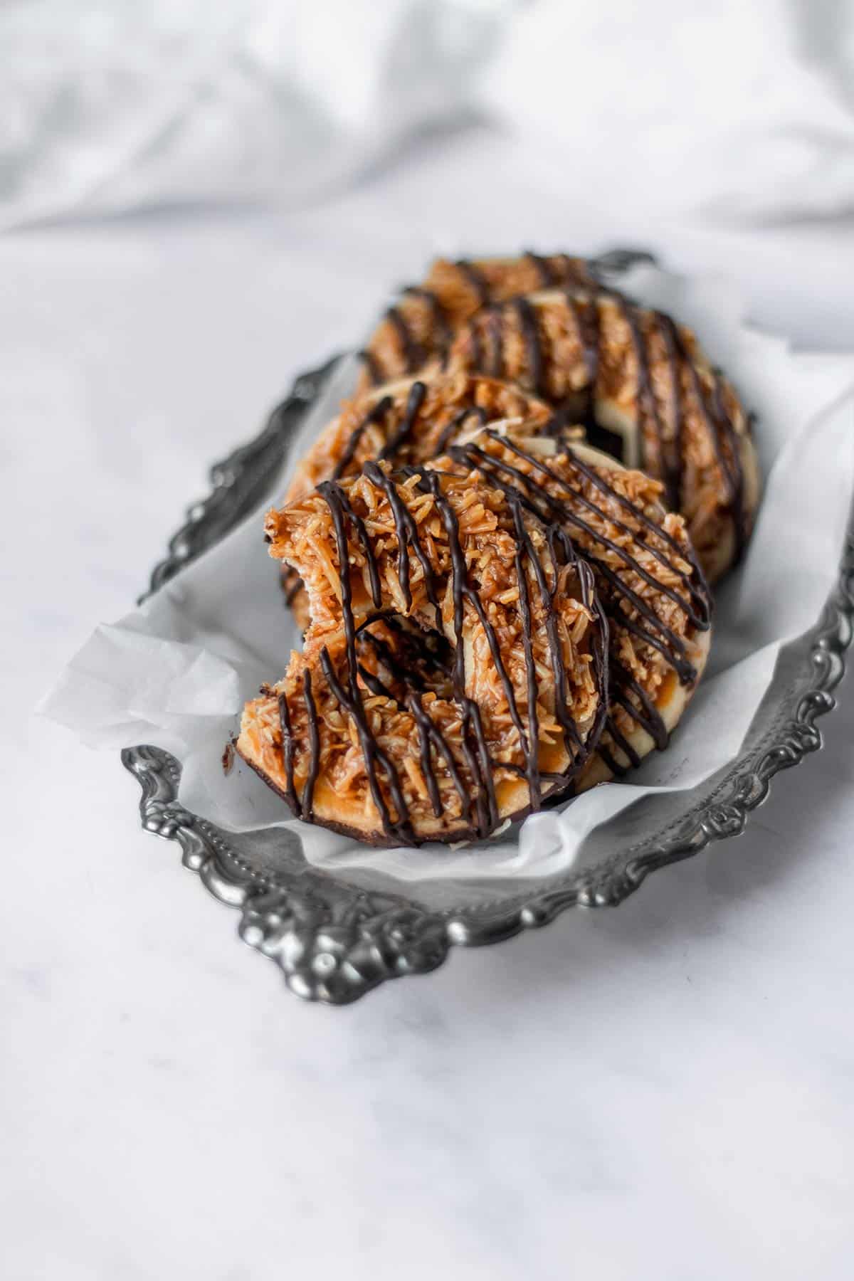 homemade samoa cookies on platter