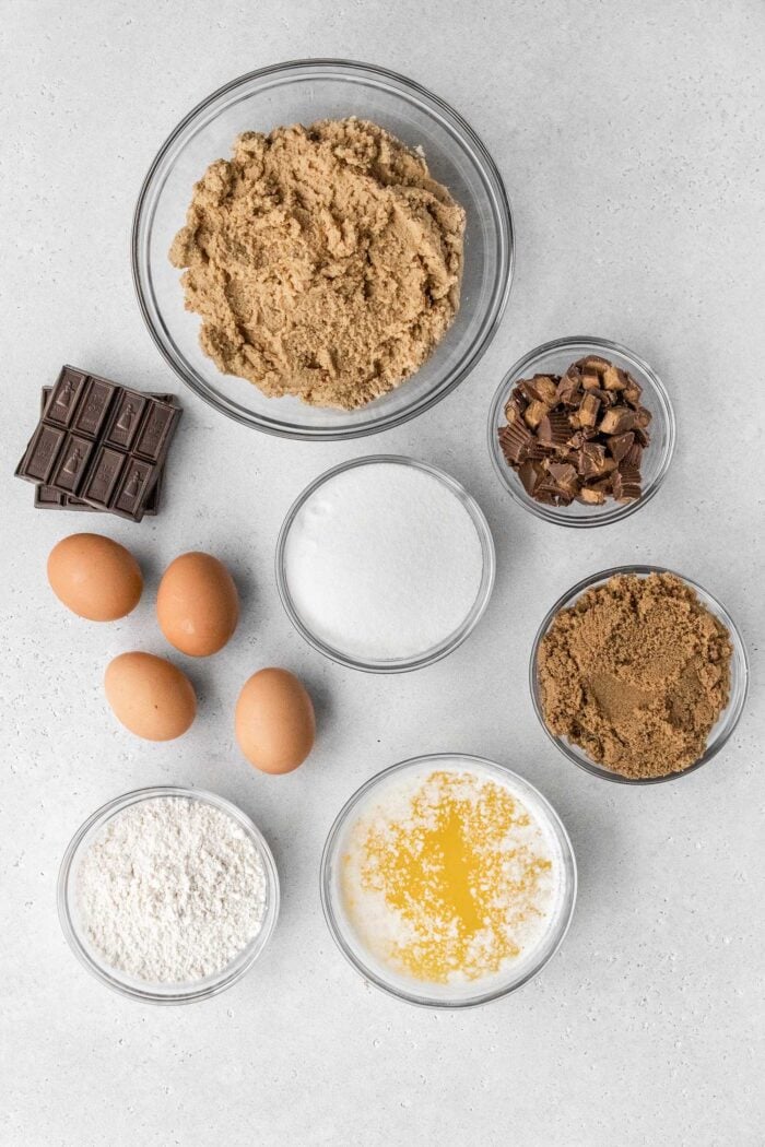 overhead shot of ingredients for cookie dough brownies