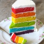 Rainbow cake slice with swiss buttercream
