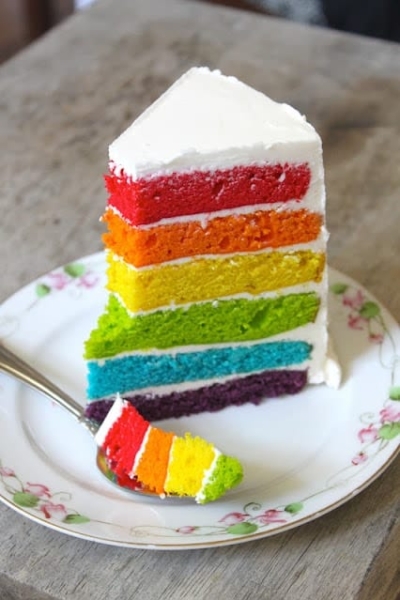 Rainbow cake slice with swiss buttercream