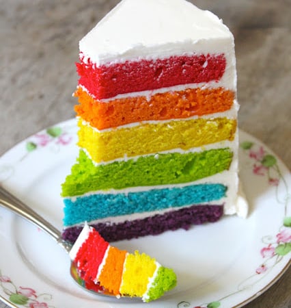Rainbow cake slice with swiss buttercream