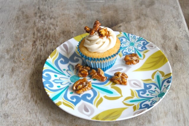 vanilla cupcakes with maple frosting and candied walnuts