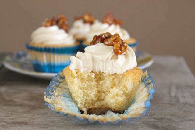 vanilla cupcakes with maple frosting and candied walnuts