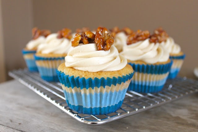 vanilla cupcakes with maple frosting and candied walnuts