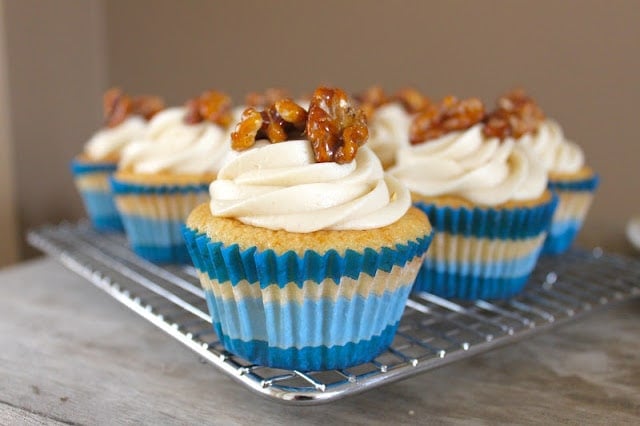 vanilla cupcakes with maple frosting and candied walnuts