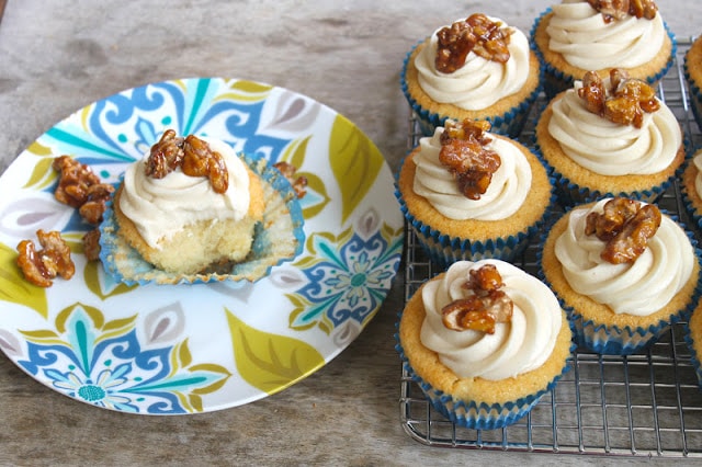 Vanilla cupcakes with maple frosting and candied walnuts