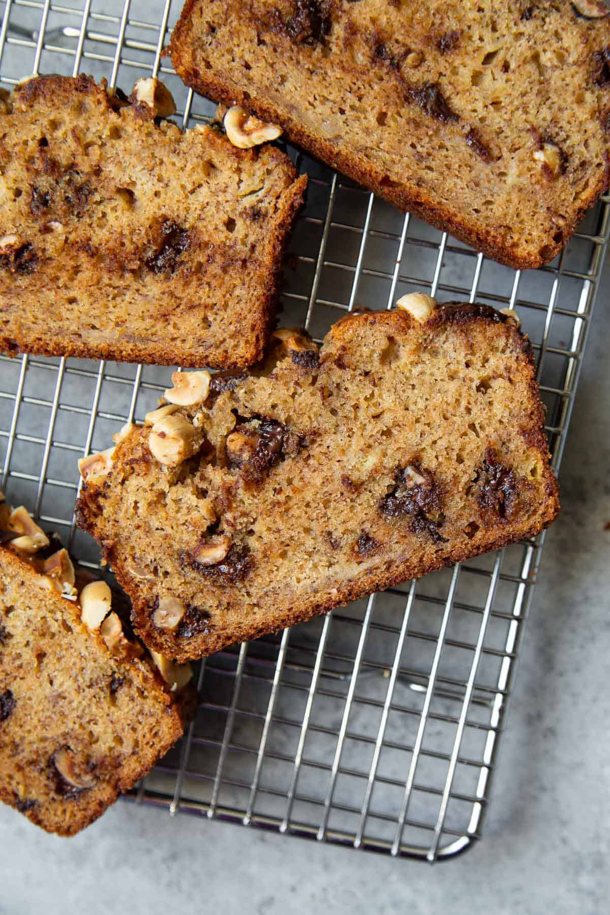 chocolate hazelnut banana bread slices on cooling rack