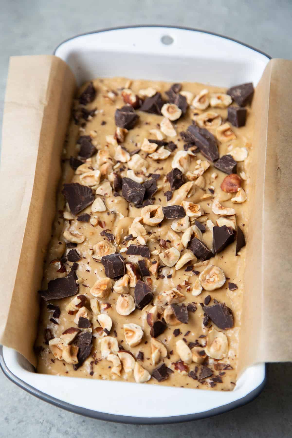 Chocolate hazelnut banana bread before baking