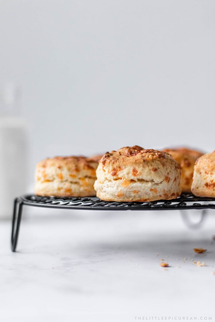 cheddar cheese cream biscuits on cooling rack