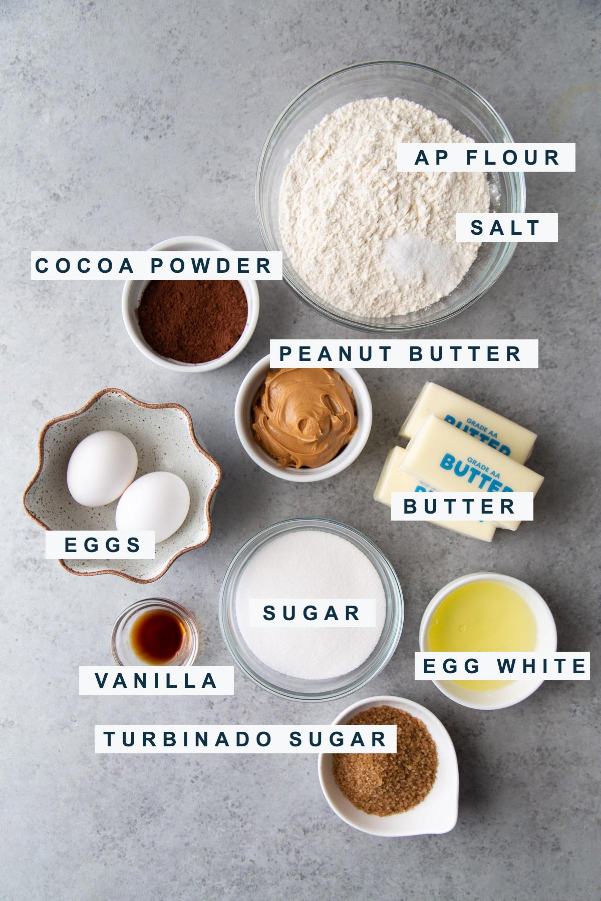 portioned out ingredients needed to make peanut butter chocolate shortbread cookies.