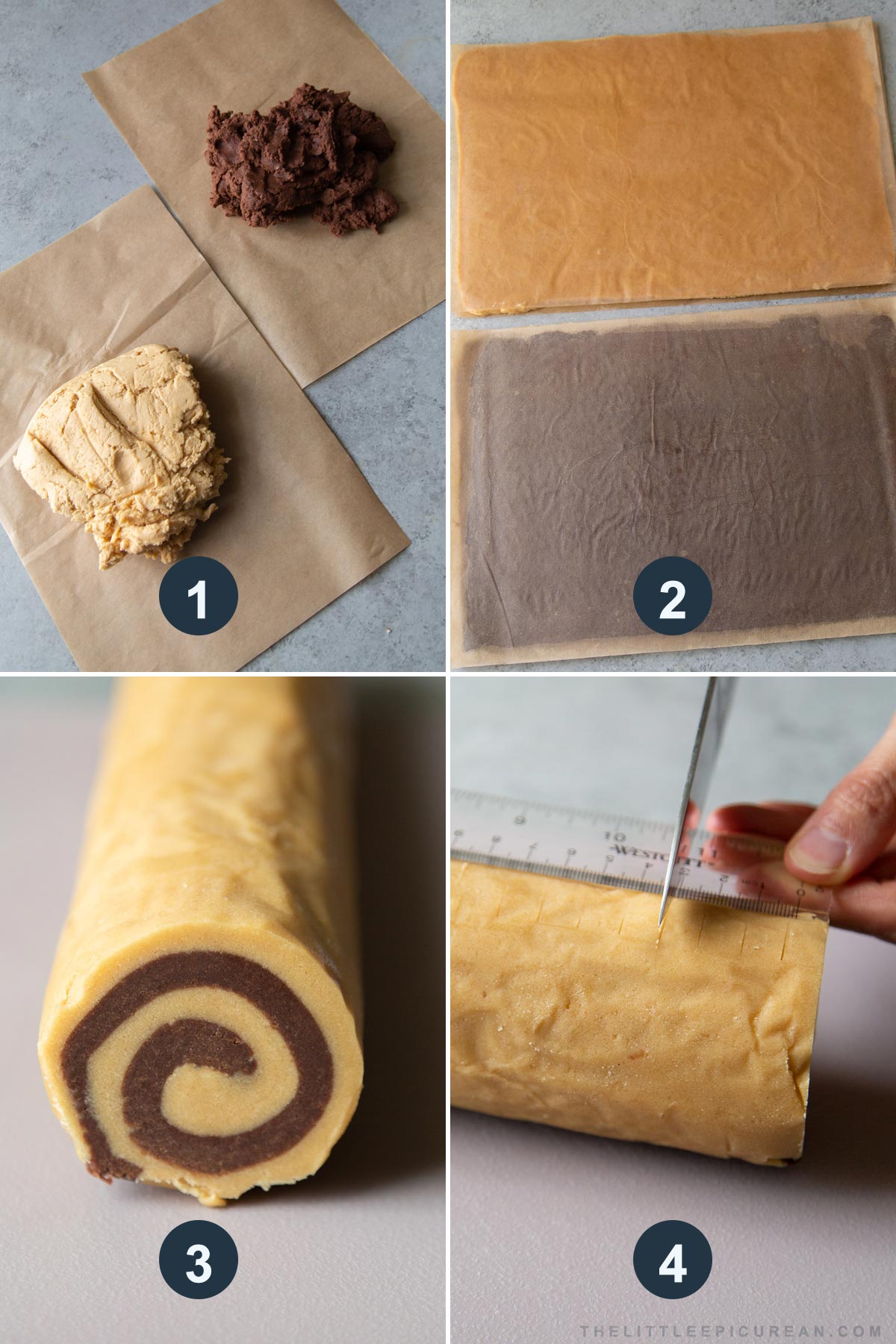 how to assemble peanut butter chocolate swirl cookies using two cookie doughs.