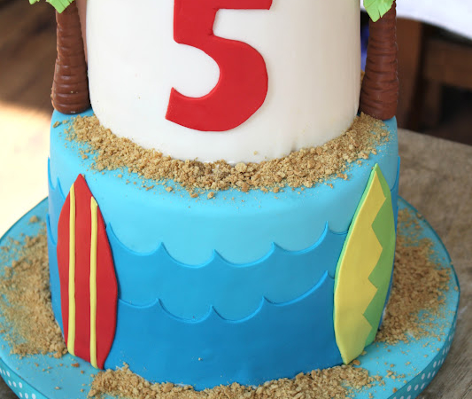 two tiered surf and sand birthday cake.