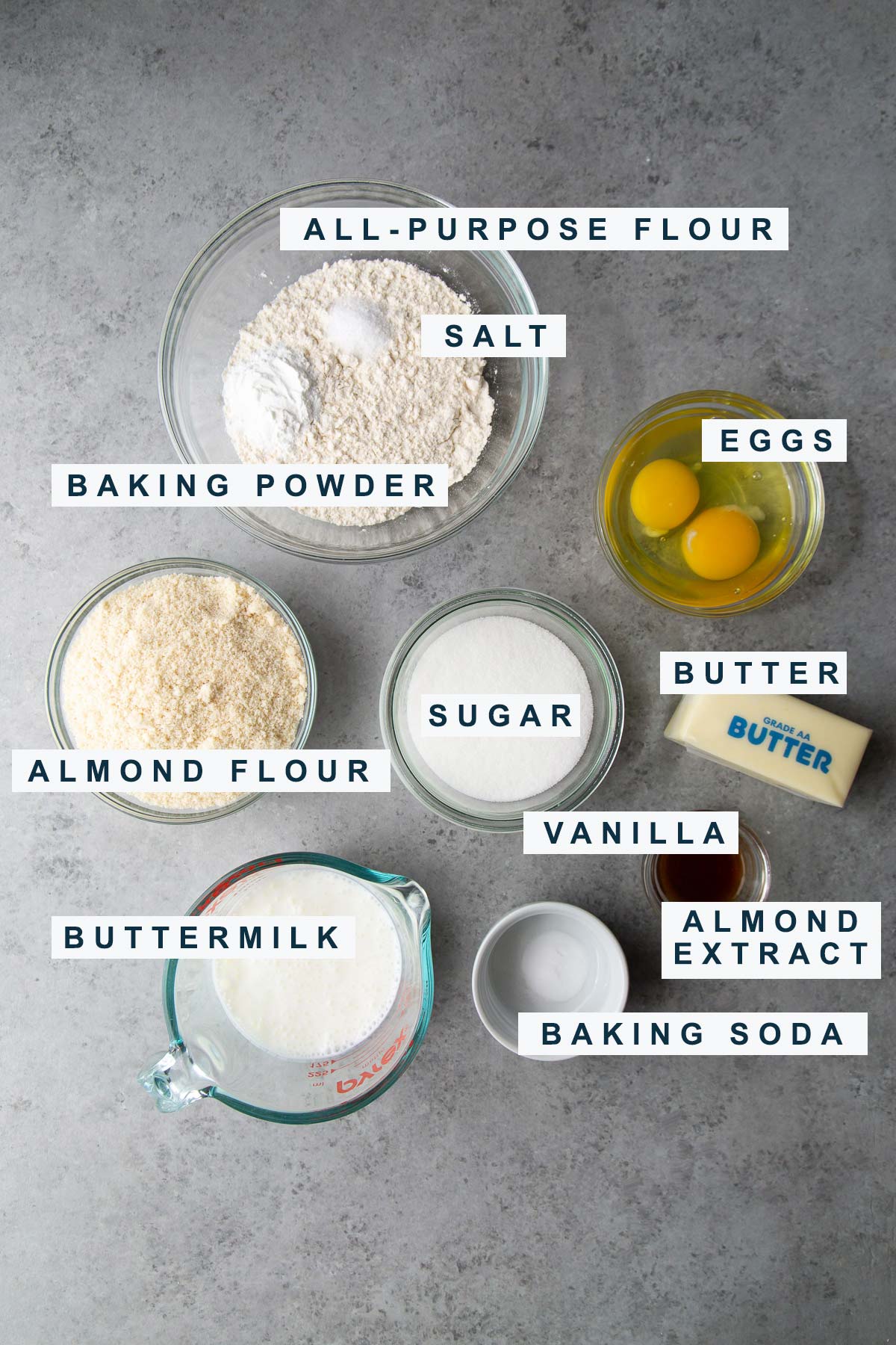 almond cake ingredients include flour, almond flour, eggs, butter, and buttermilk.