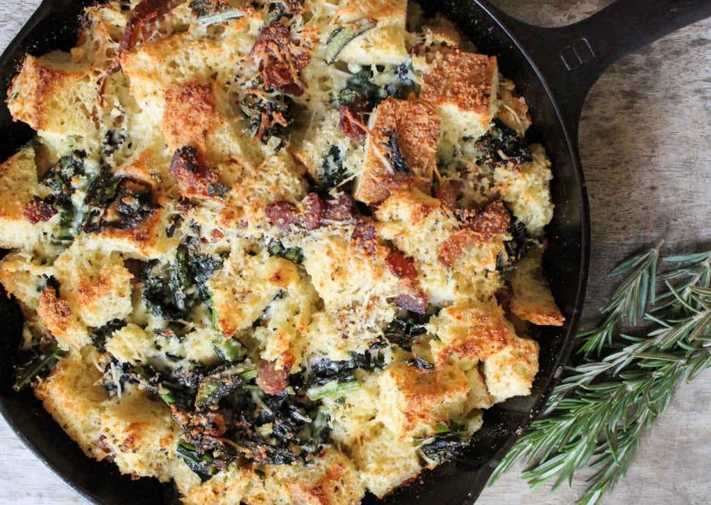 Savory Parmesan Bread Pudding with Bacon, Kale, and Rosemary