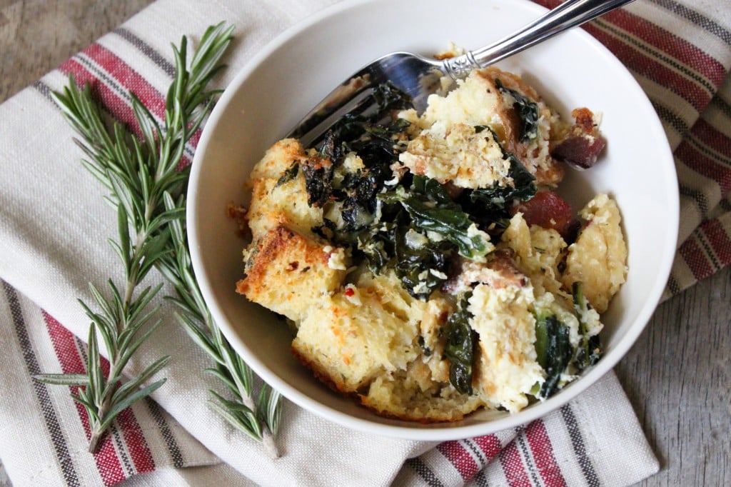 Savory Parmesan Bread Pudding with Bacon, Kale, and Rosemary