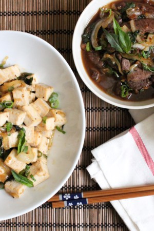 spicy basil tofu and spicy basil beef served with white rice.
