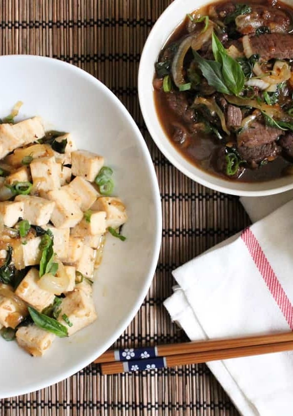 spicy basil tofu and spicy basil beef served with white rice.