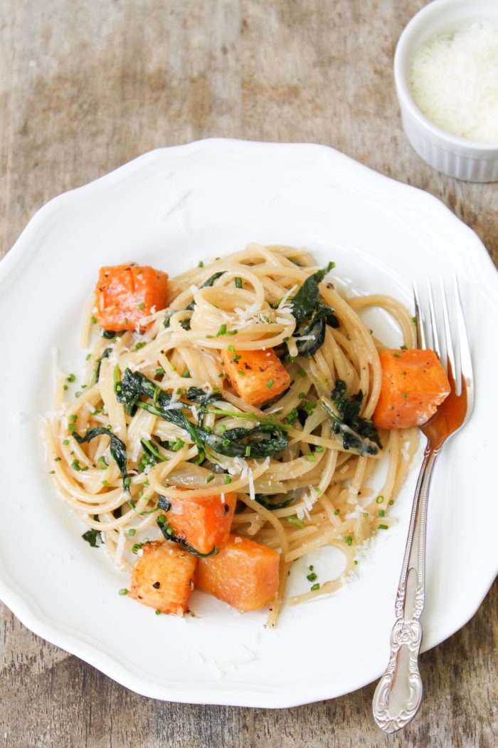 brown butter spaghetti with baby kale and roasted butternut squash